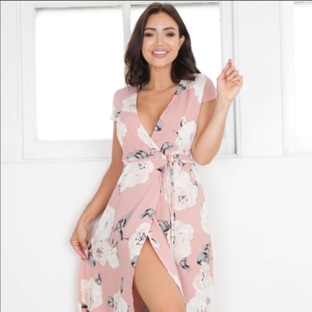 Pink floral wrap dress
